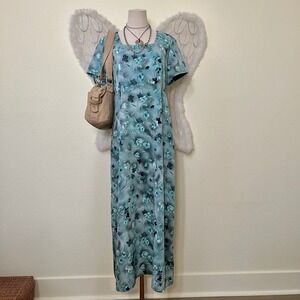 Indie Grunge Teal Blue Floral Maxi Dress Square Neck Short Sleeve Tie Back Fairy